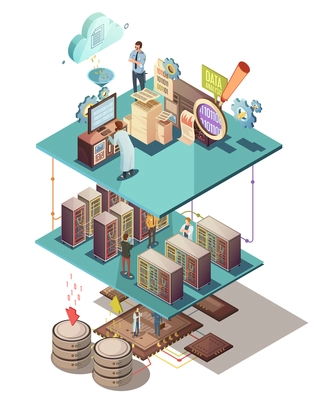 Data analysis isometric concept with electronic equipment information exchange server infrastructure cloud services and staff vector illustration