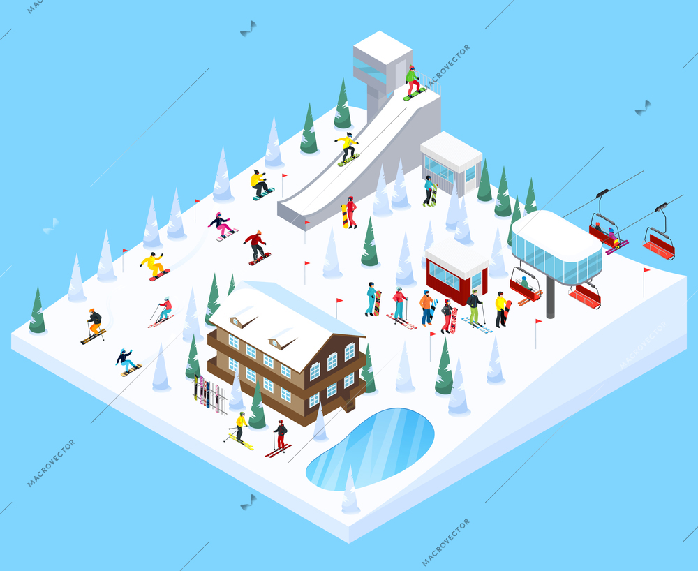 Mountain resort village isometric landscape constructor element with scaled down skiers trees houses ski jump ramps vector illustration