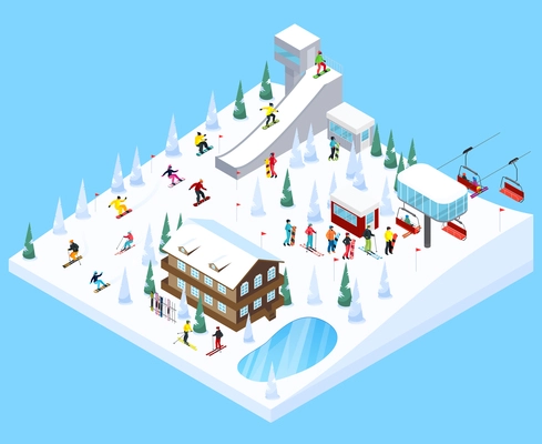 Mountain resort village isometric landscape constructor element with scaled down skiers trees houses ski jump ramps vector illustration