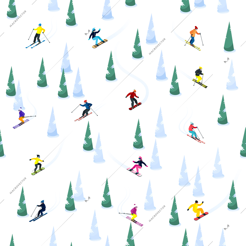 Ski seamless decorative pattern with small isolated figures of skiers ice and trees on blank background vector illustration