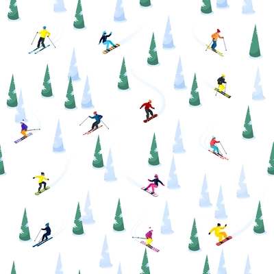 Ski seamless decorative pattern with small isolated figures of skiers ice and trees on blank background vector illustration