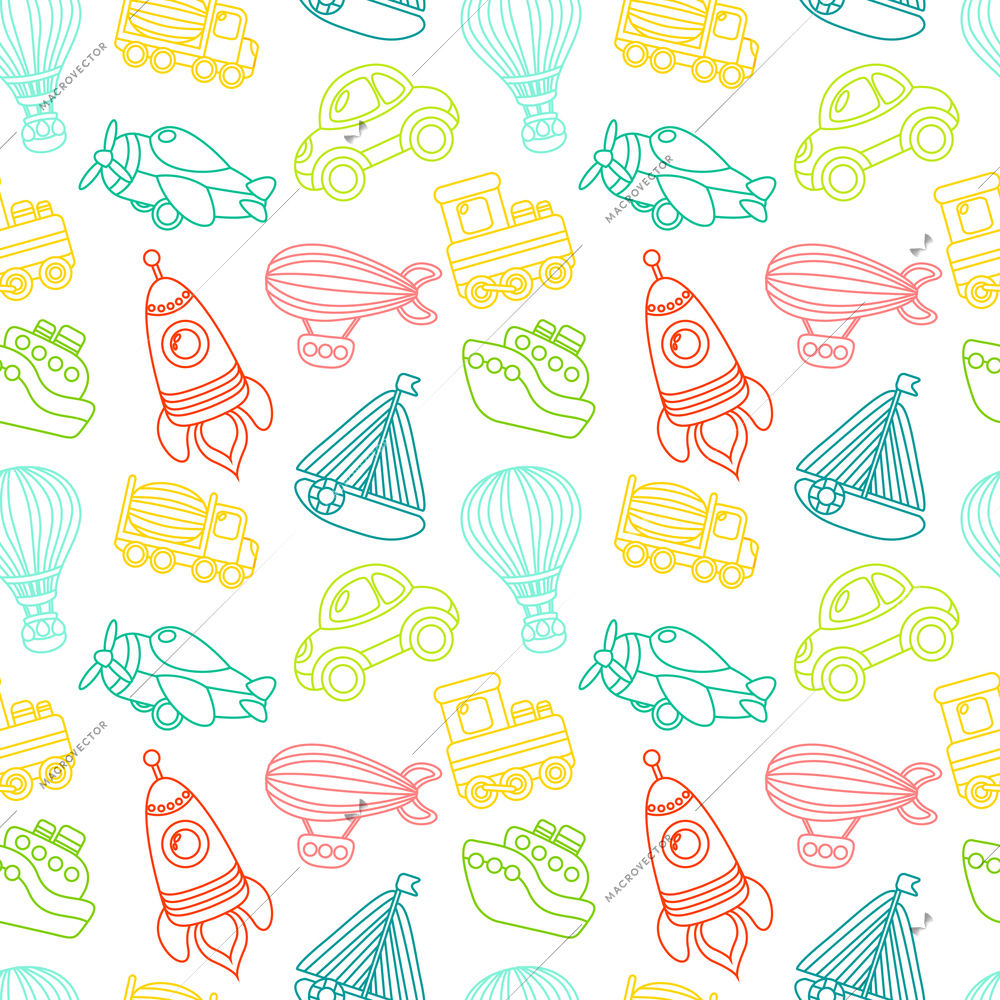 Toy transport outline seamless pattern with car airplane space rocket boat vector illustration