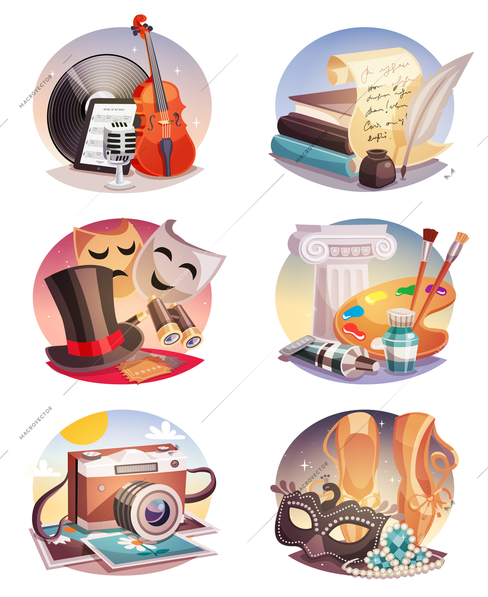 Arts set of round compositions with music and dancing literature theatre painting and photography isolated vector illustration