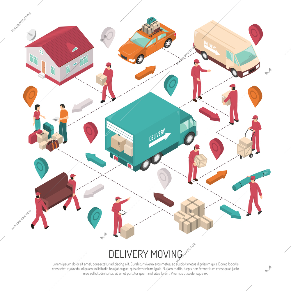 Colored isometric delivery moving composition with path and ways of delivery by workers vector illustration