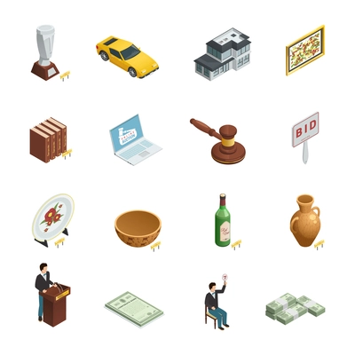Set of sixteen isolated auction isometric icons with bidding paddle hammer valuable goods and people characters vector illustration