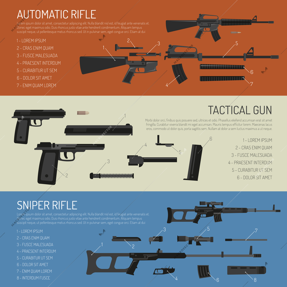 Flat horizontal weapon banners presenting description of rifles gun and their parts isolated vector illustration