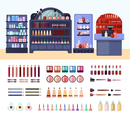 Colored health and beauty store composition with isolated beauty and makeup icon set and shelves with products vector illustration