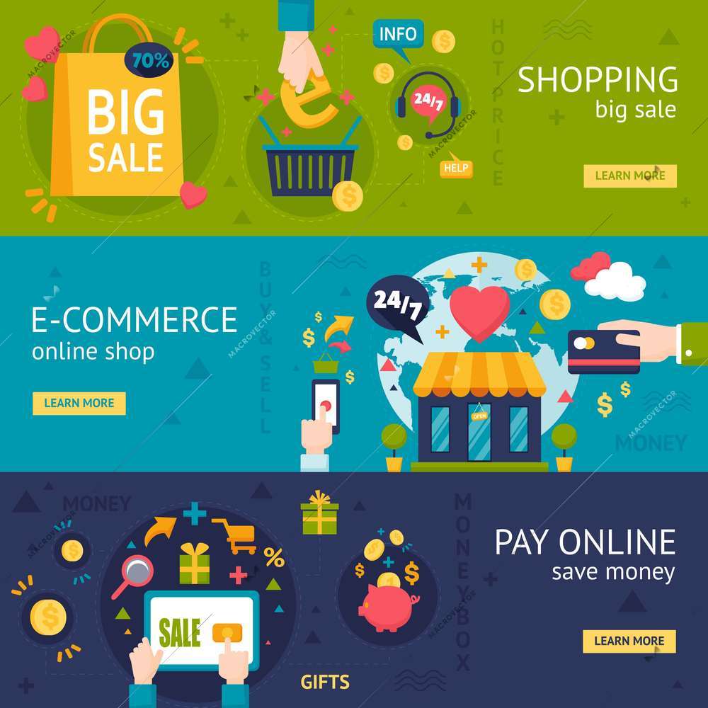E-commerce shopping horizontal banners with online purchase payment and packing in flat style vector illustration