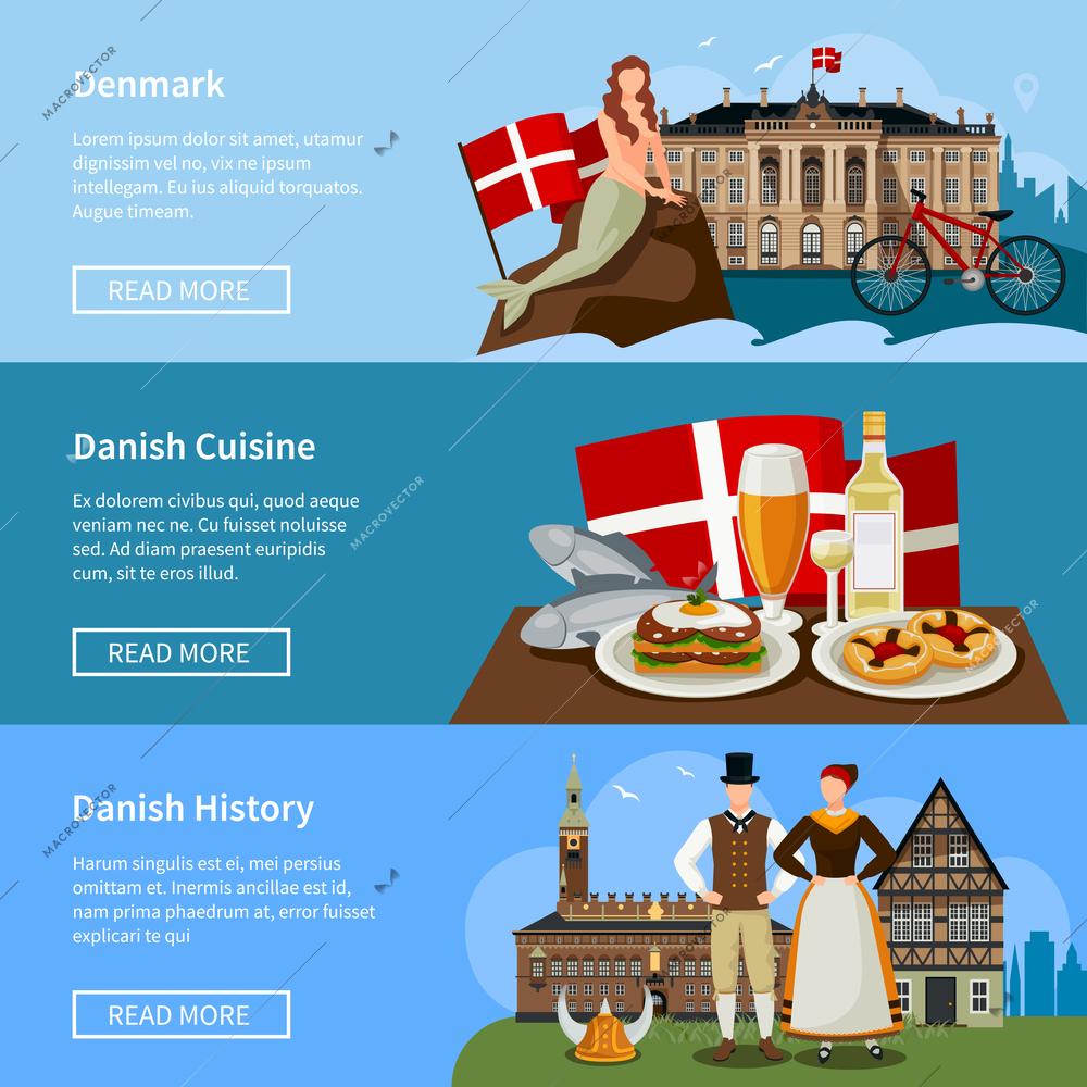 Set of flat style banners with danish landmarks history and cuisine on blue background isolated vector illustration