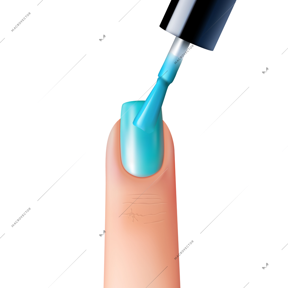 Process of manicure nail polishing in trendy blue color realistic vector illustration