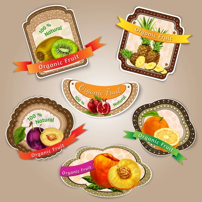 Fresh natural fruit labels with kiwi pineapple pomegranate plum orange peach vector illustration.