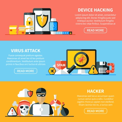 Three horizontal hackers banners set with flat electronic device images editable text and read more button vector illustration