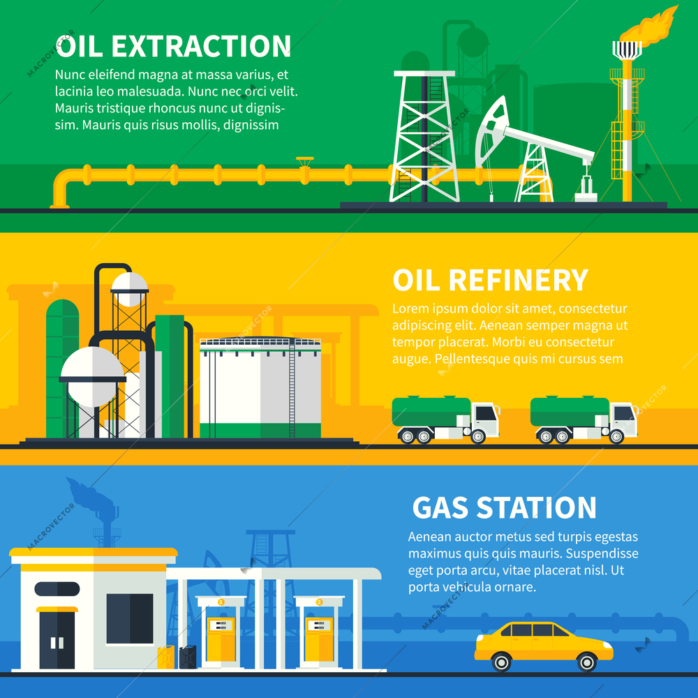 Three horizontal oil and gas industry colorful banners set with flat powerplant transfer fuel station compositions vector illustration