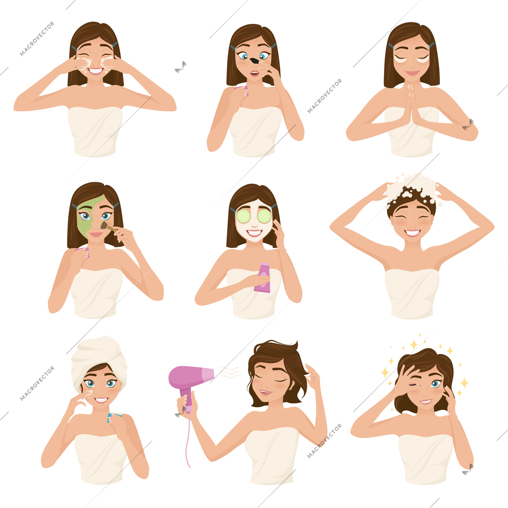 Colored woman morning routine icon set with woman wash her hear face create make up vector illustration