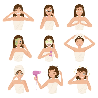 Colored woman morning routine icon set with woman wash her hear face create make up vector illustration