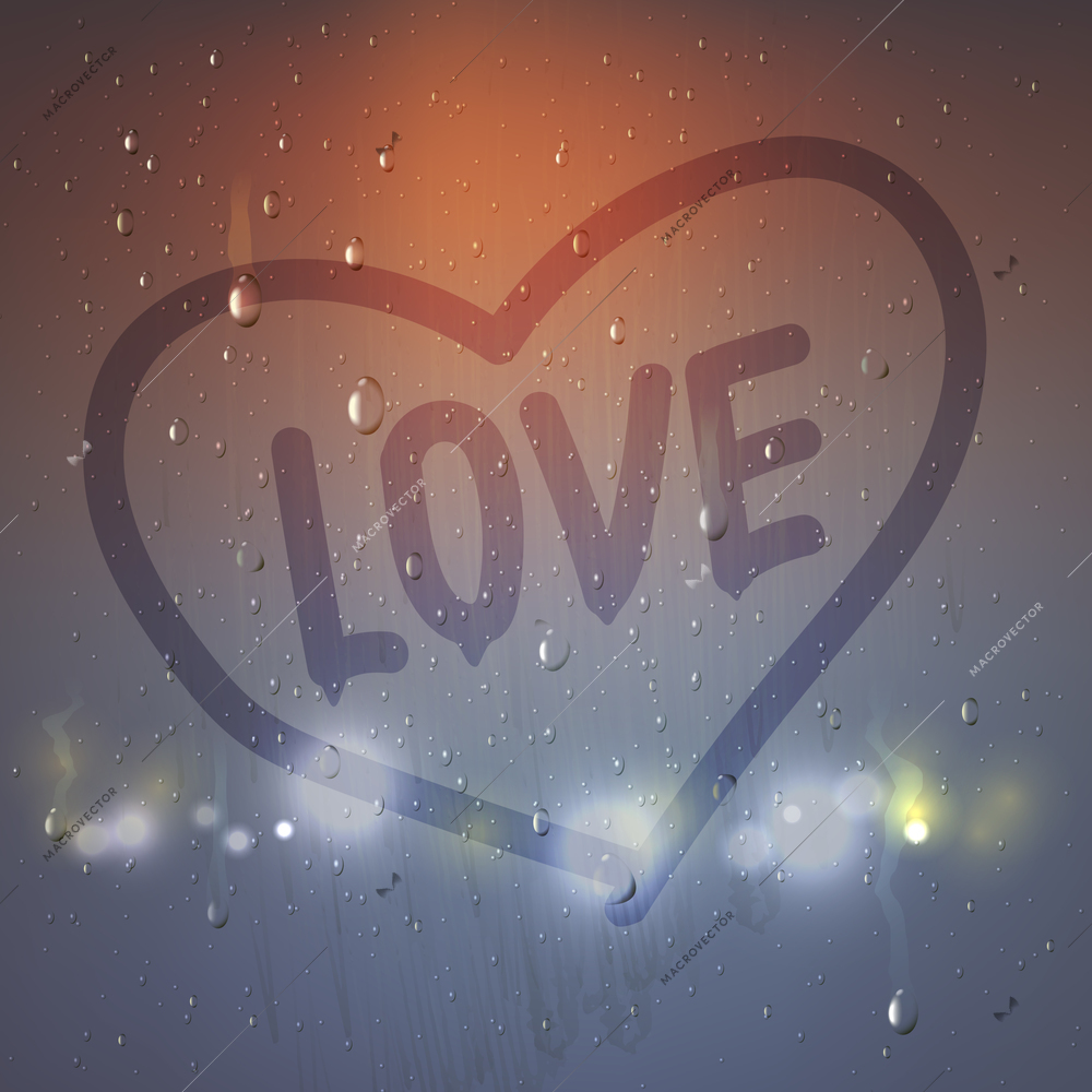 Realistic love heart on misted glass composition with heart painted a finger on sweaty glass vector illustration