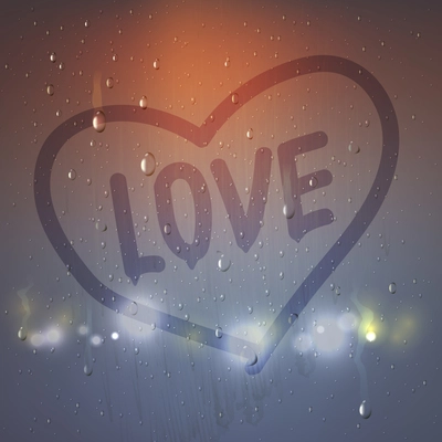 Realistic love heart on misted glass composition with heart painted a finger on sweaty glass vector illustration