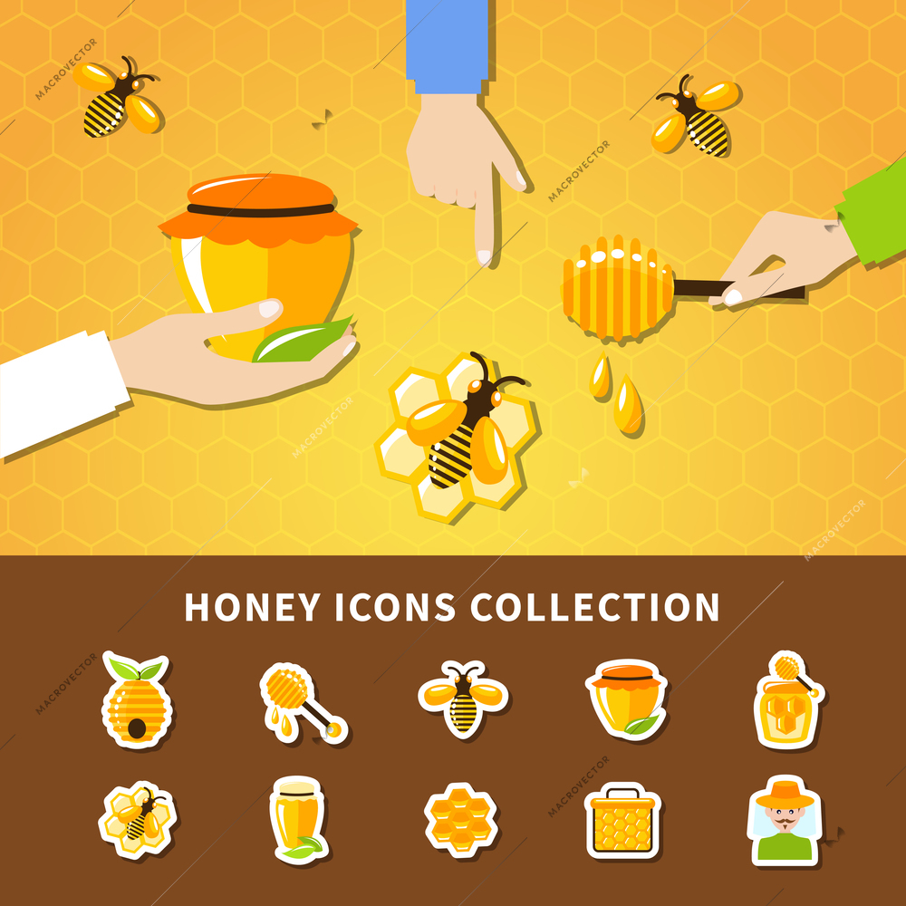 Honey and hands composition with people who hold in their hands pods with honey and stick vector illustration