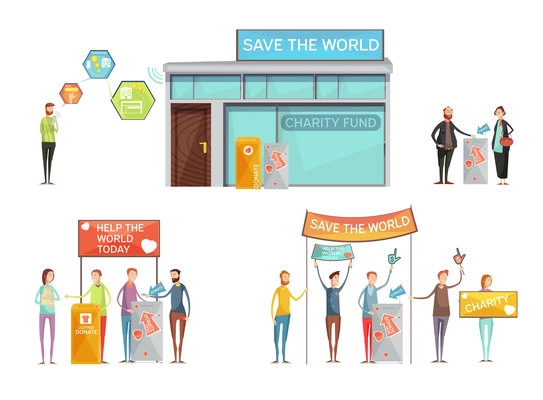 Charity design concept with place for donation and activists with placards calling to save world flat vector Illustration