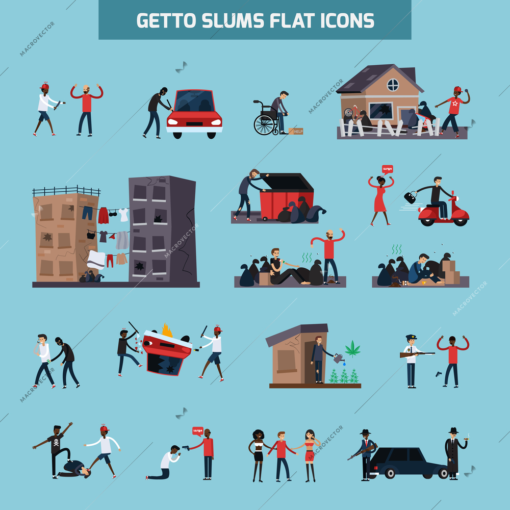 Colored and isolated ghetto slum flat icon set with people living in in bad conditions vector illustration