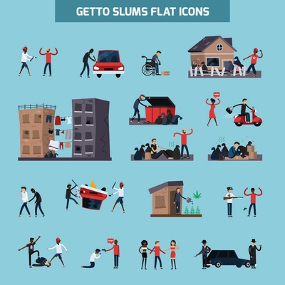 Colored and isolated ghetto slum flat icon set with people living in in bad conditions vector illustration