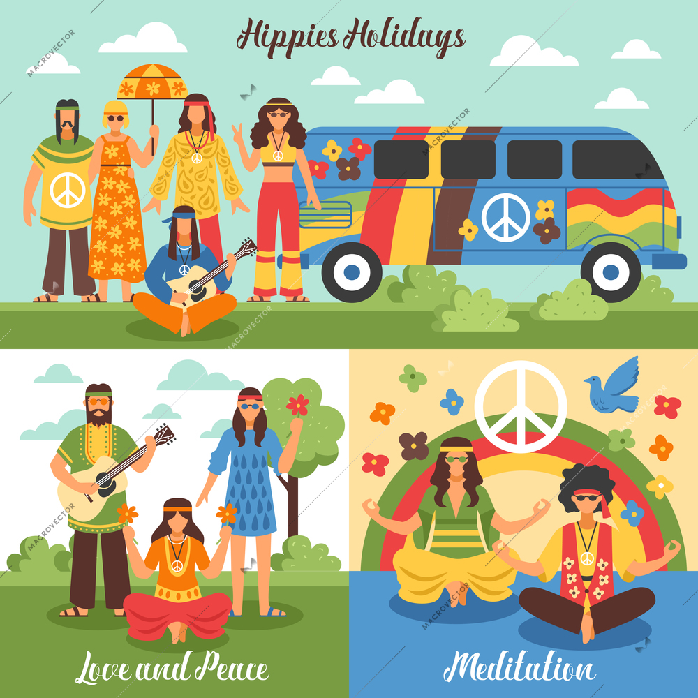 Hippie design concept set with travel into holidays outdoor recreation and flat meditation compositions vector illustration