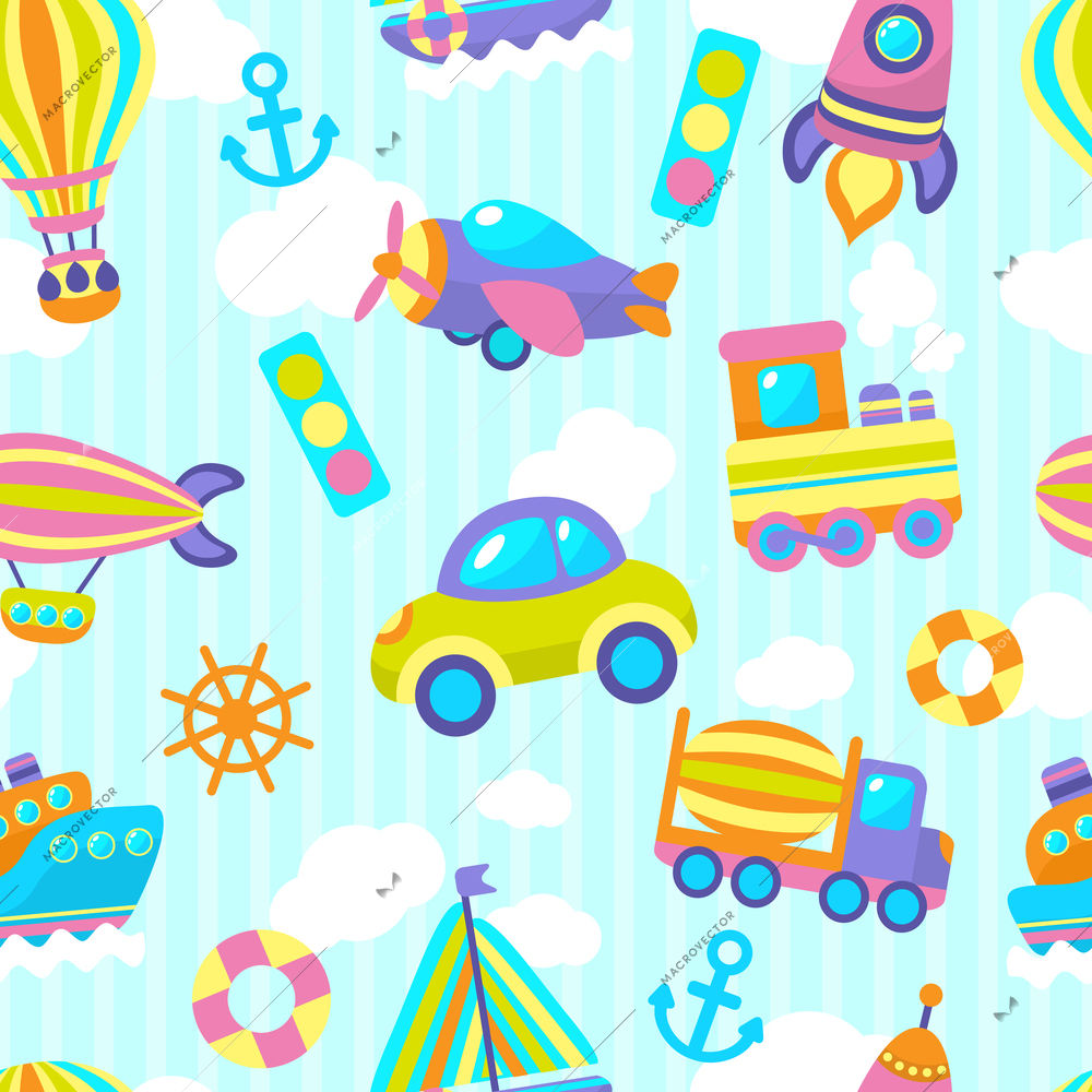 Toy transport cartoon seamless pattern with vehicles and clouds stripes on background vector illustration