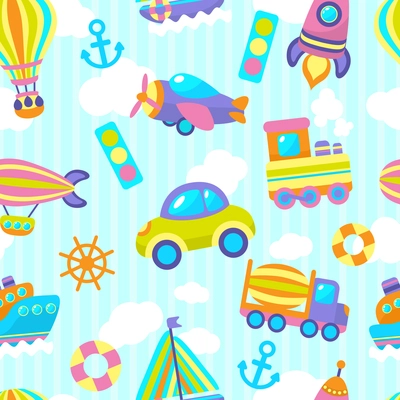 Toy transport cartoon seamless pattern with vehicles and clouds stripes on background vector illustration