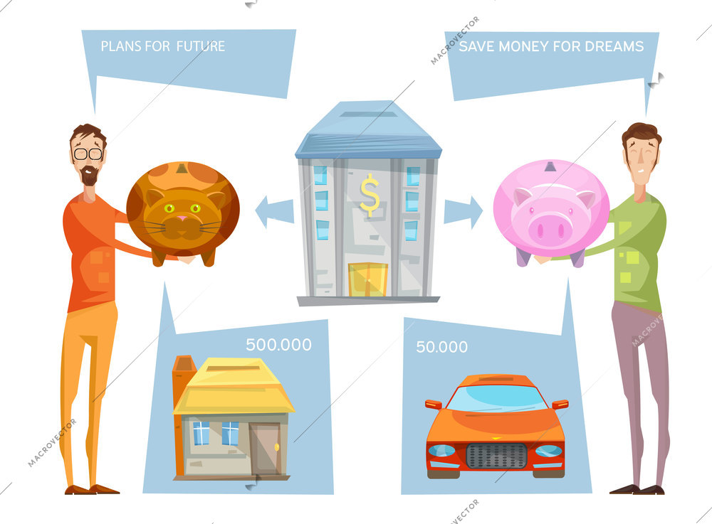 Financial goals conceptual composition with two male characters holding still banks with thought bubbles and desires vector illustration