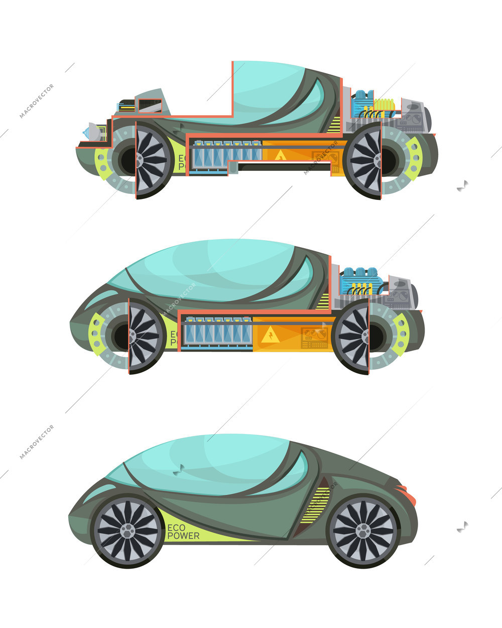 Colorful eco friendly electro cars set isolated on white background vector illustration
