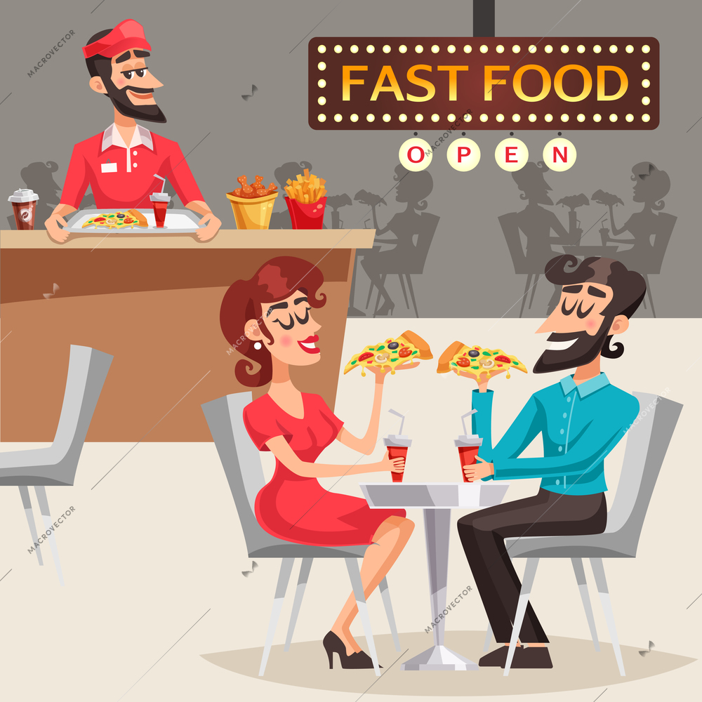 People eating pizza behind table in fast food restaurant and worker behind counter in background vector illustration