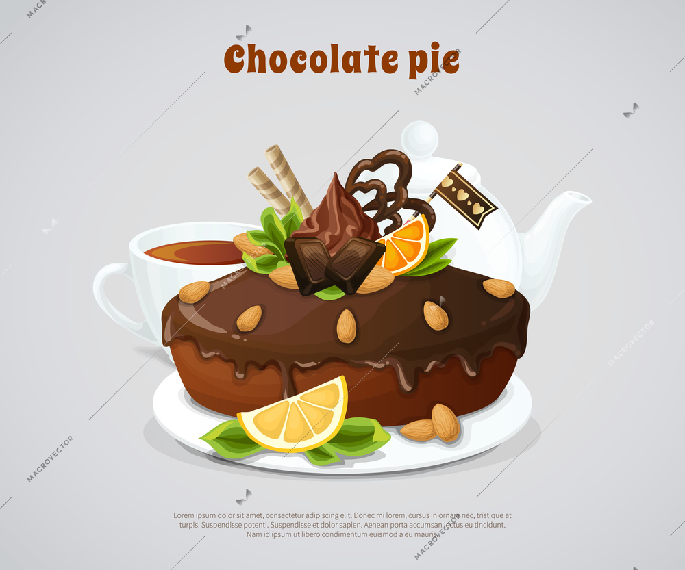 Glazed chocolate pie decorated nuts and fruits with white teapot and cup on grey background vector illustration