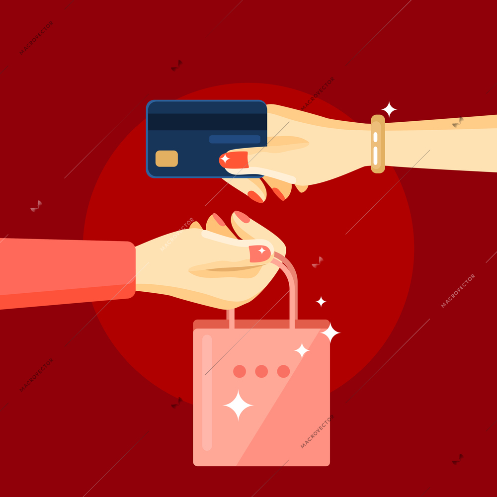 Cosmetics purchase composition with two flat style hands one of them give money to seller and other hand hold a package vector illustration