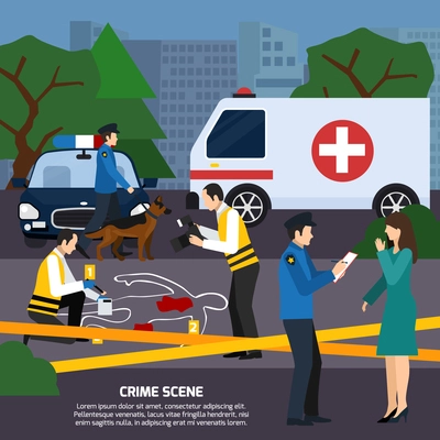 Crime scene with body contour blood traces police experts ambulance car interviewing witness flat style vector illustration