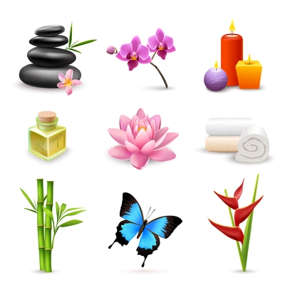 Realistic 3d spa beauty health care icons set with bamboo lotus candles isolated vector illustration