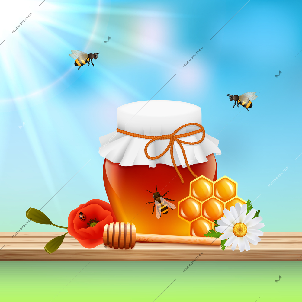 Honey colored composition colored glass jar filled with honey little bees and sun ray vector illustration