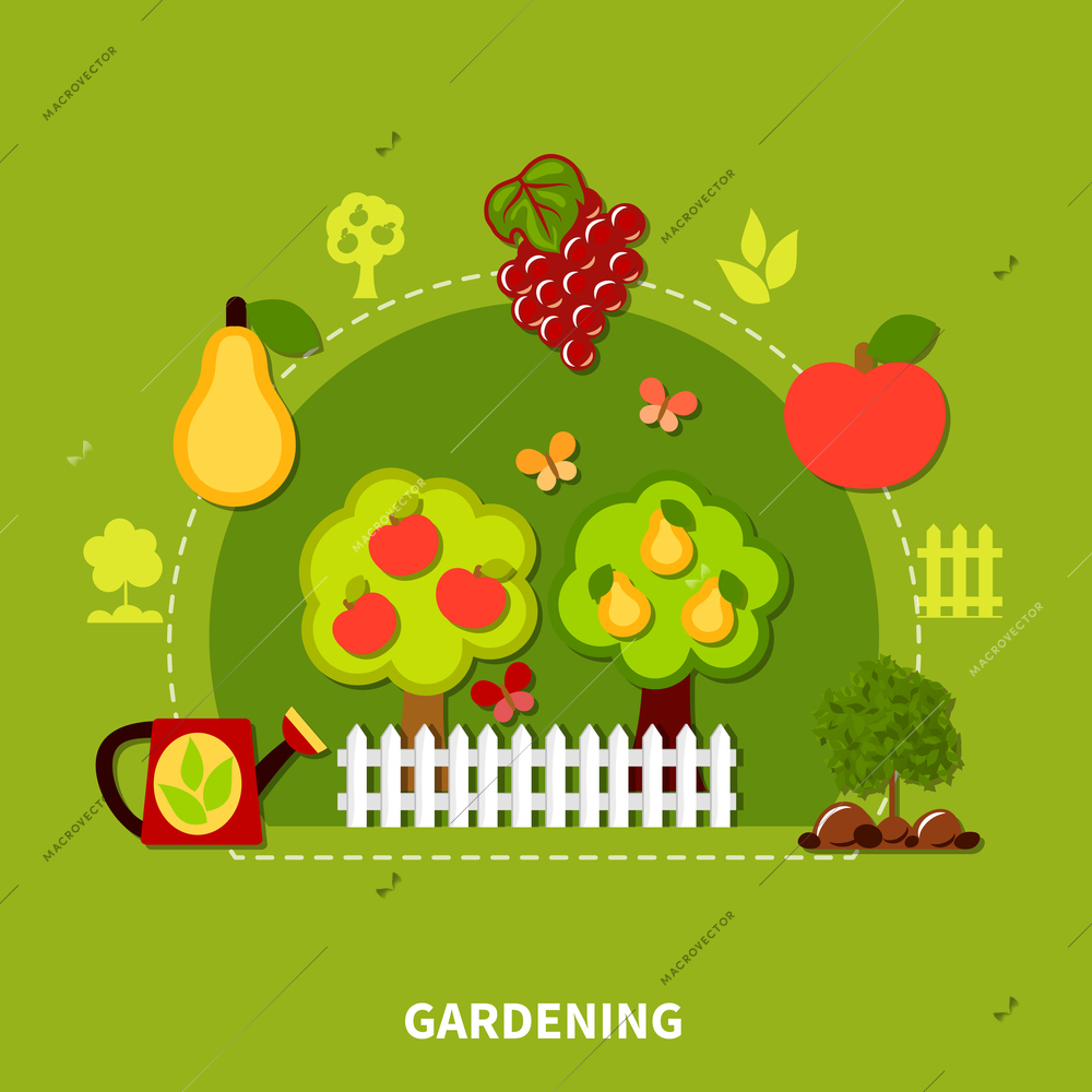 Agriculture background with composition of flat fruits and trees icons silhouettes with watering pot and fence vector illustration