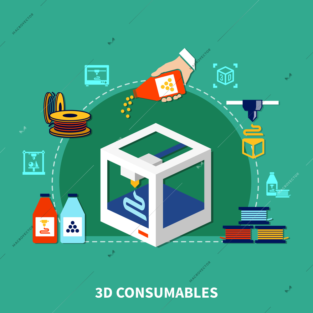 Design concept of consumables for 3d printer on green background with decorative icons showing plastic cartridges and polymer granules flat vector illustration