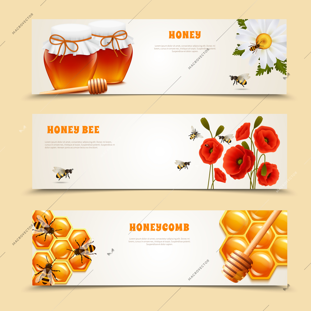 Three horizontal isolated honey banner set with honey honey bee and honeycomb headlines vector illustration