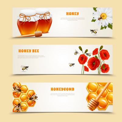 Three horizontal isolated honey banner set with honey honey bee and honeycomb headlines vector illustration