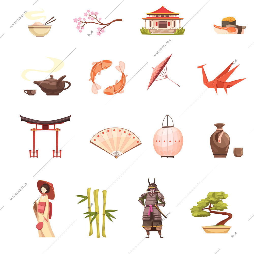 Japan retro cartoon icons set with shrine sakura geisha samurai origami  bonsai and bamboo isolated vector illustration