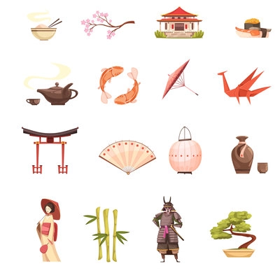 Japan retro cartoon icons set with shrine sakura geisha samurai origami  bonsai and bamboo isolated vector illustration