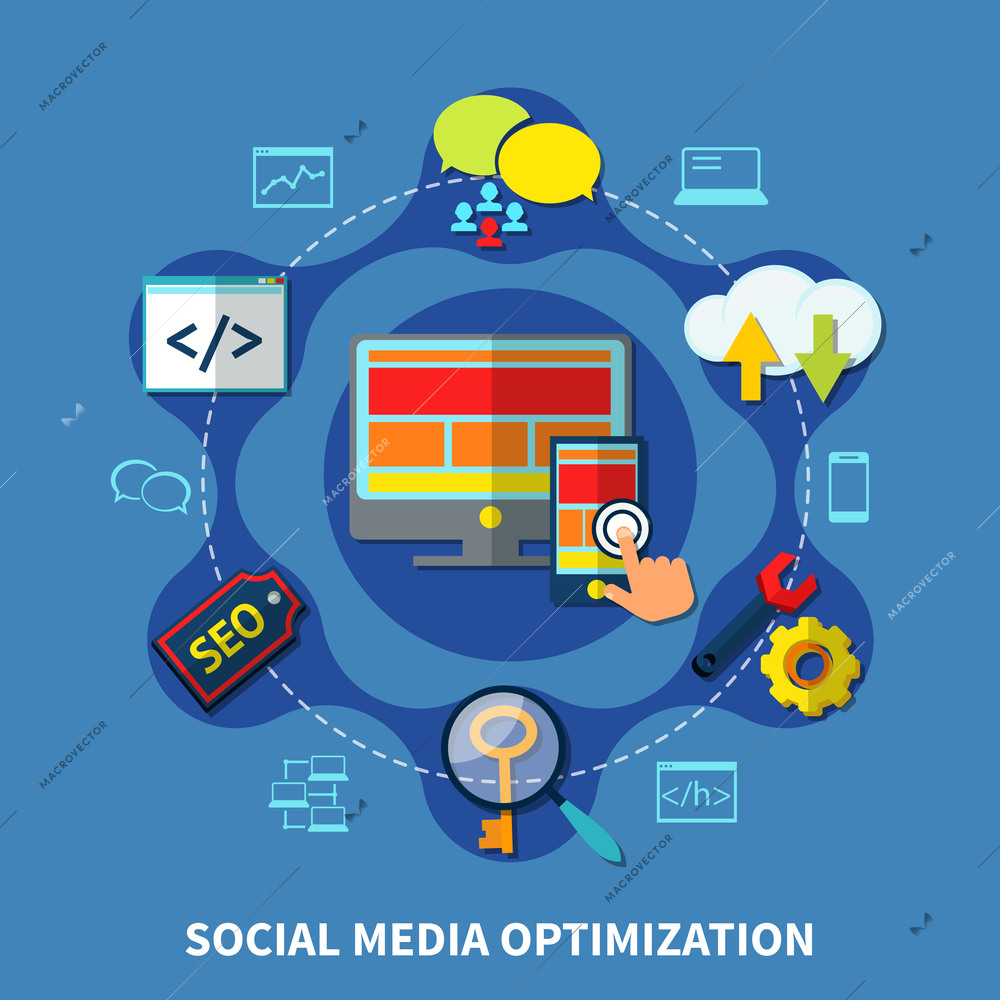 Seo optimization circle composition of cloud networking maintenance and search lens images desktop computer and smartphone vector illustration