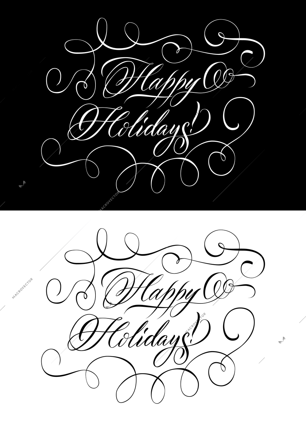 Two greeting monochrome hand drawn lettering in vintage style wishing happy holidays flat vector illustration