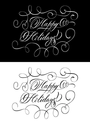 Two greeting monochrome hand drawn lettering in vintage style wishing happy holidays flat vector illustration