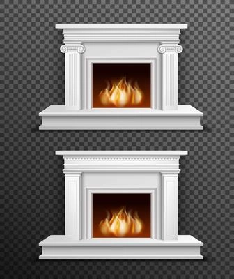 Set of 2 modern white indoor burning fireplaces one under another on black transparent background vector illustration