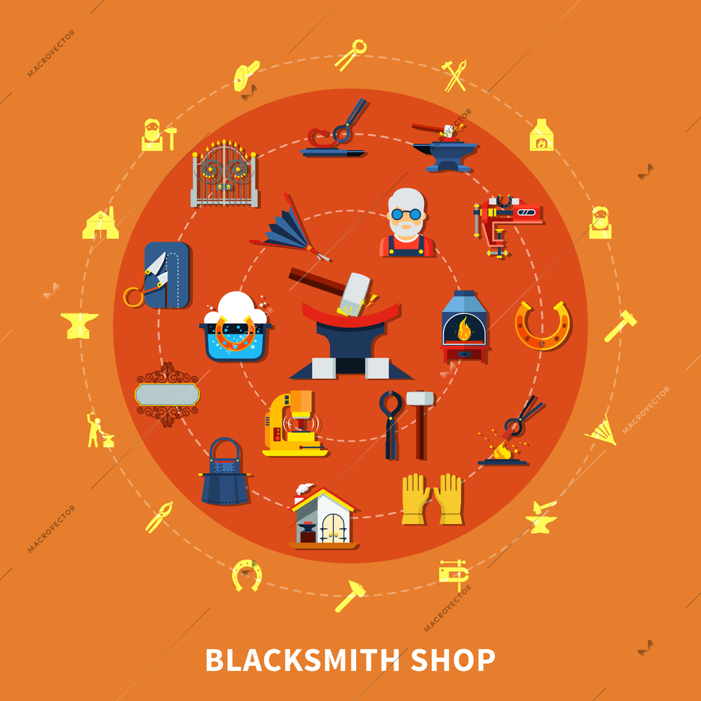 Blacksmith round composition with colorful forged product icons inscribed in circle with hammerwork equipment silhouette pictograms vector illustration