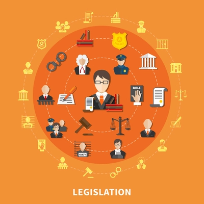 Law round composition with icon set on theme combined in big circle vector illustration