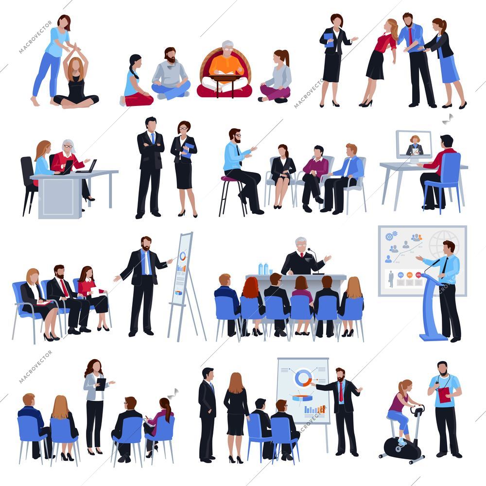 Professional business life and sport coaching spiritual expert adviser mentoring concept flat icons collection isolated vector illustration