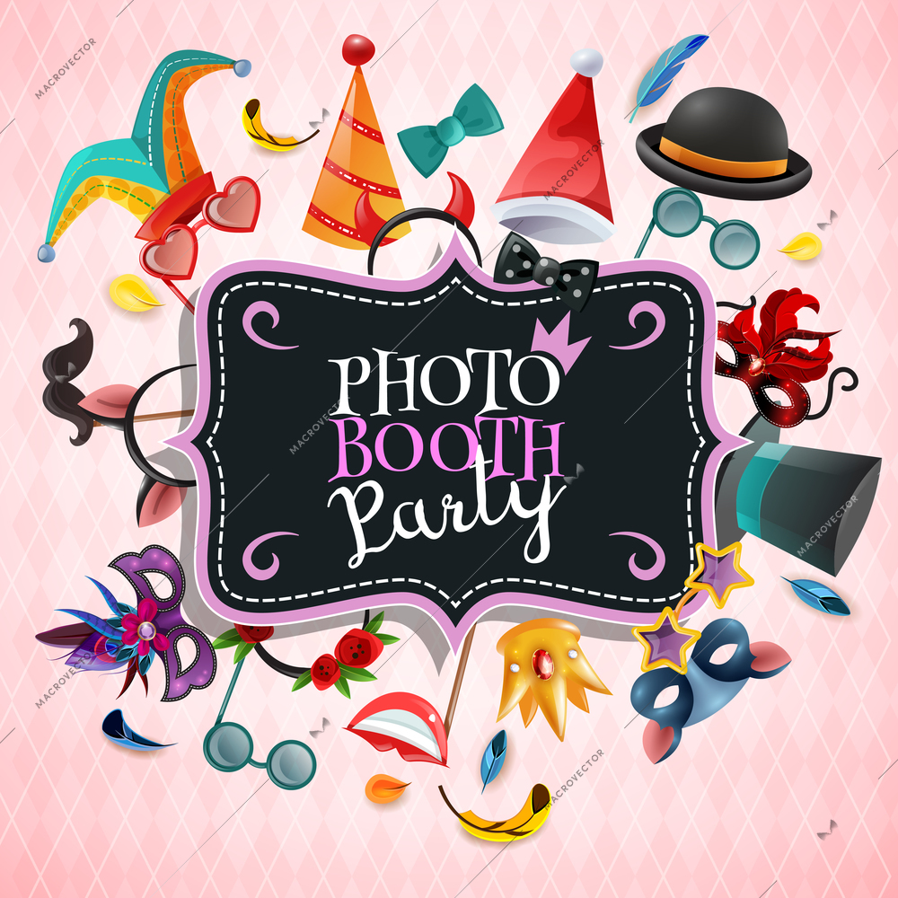 Photo booth party background with vintage invitation plate and frame consisting of carnival props cartoon icons vector illustration